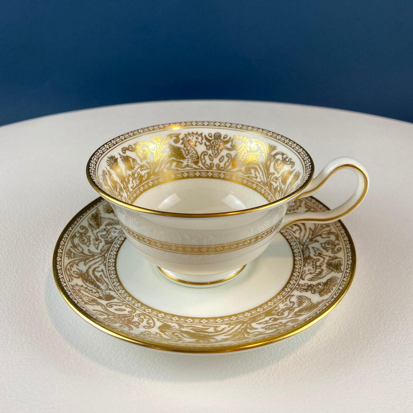 Antique Wedgewood Tea Cup and Saucer: Florentine Gold Dragons - Tampa Home & Garden Store
