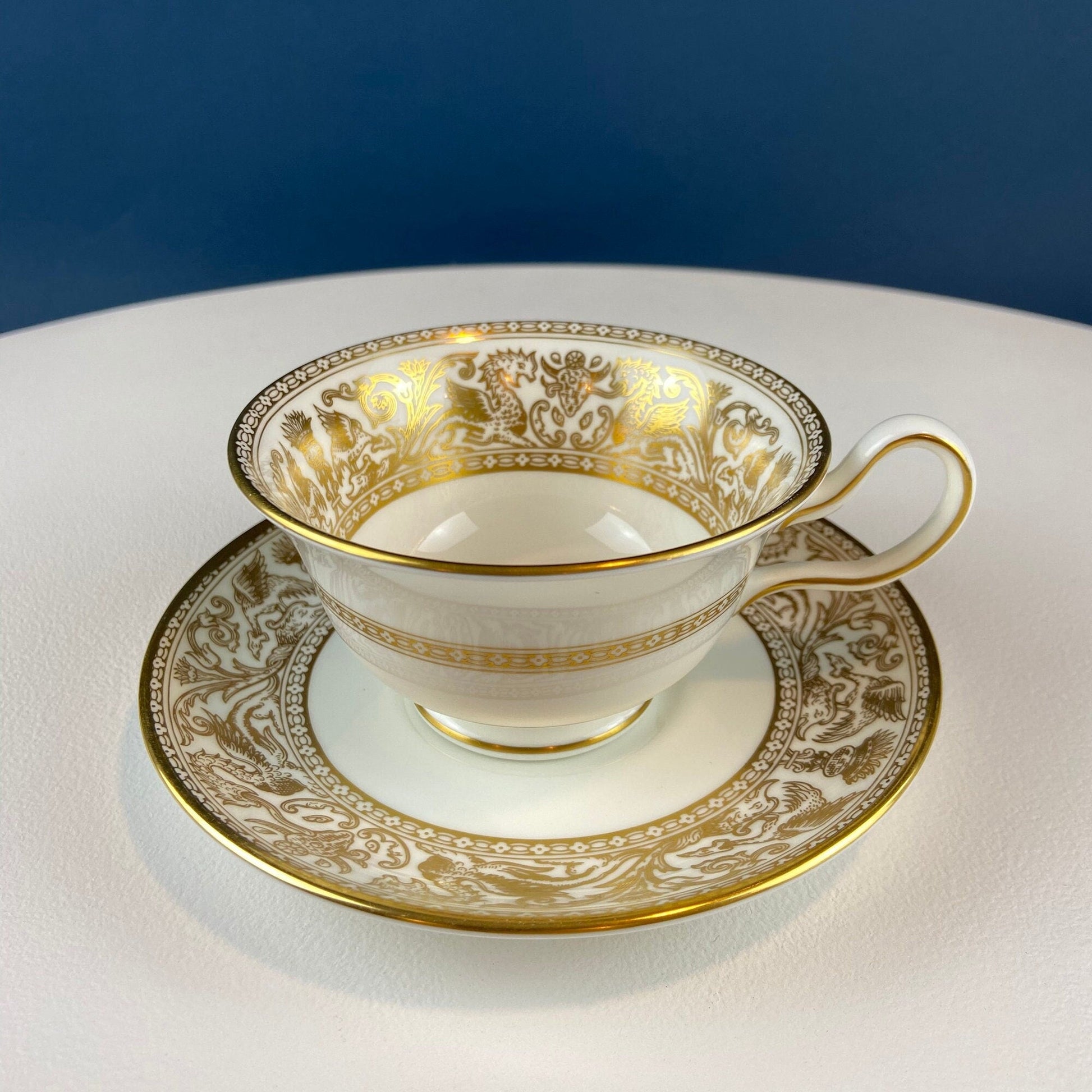Antique Wedgewood Tea Cup and Saucer: Florentine Gold Dragons - Tampa Home & Garden Store