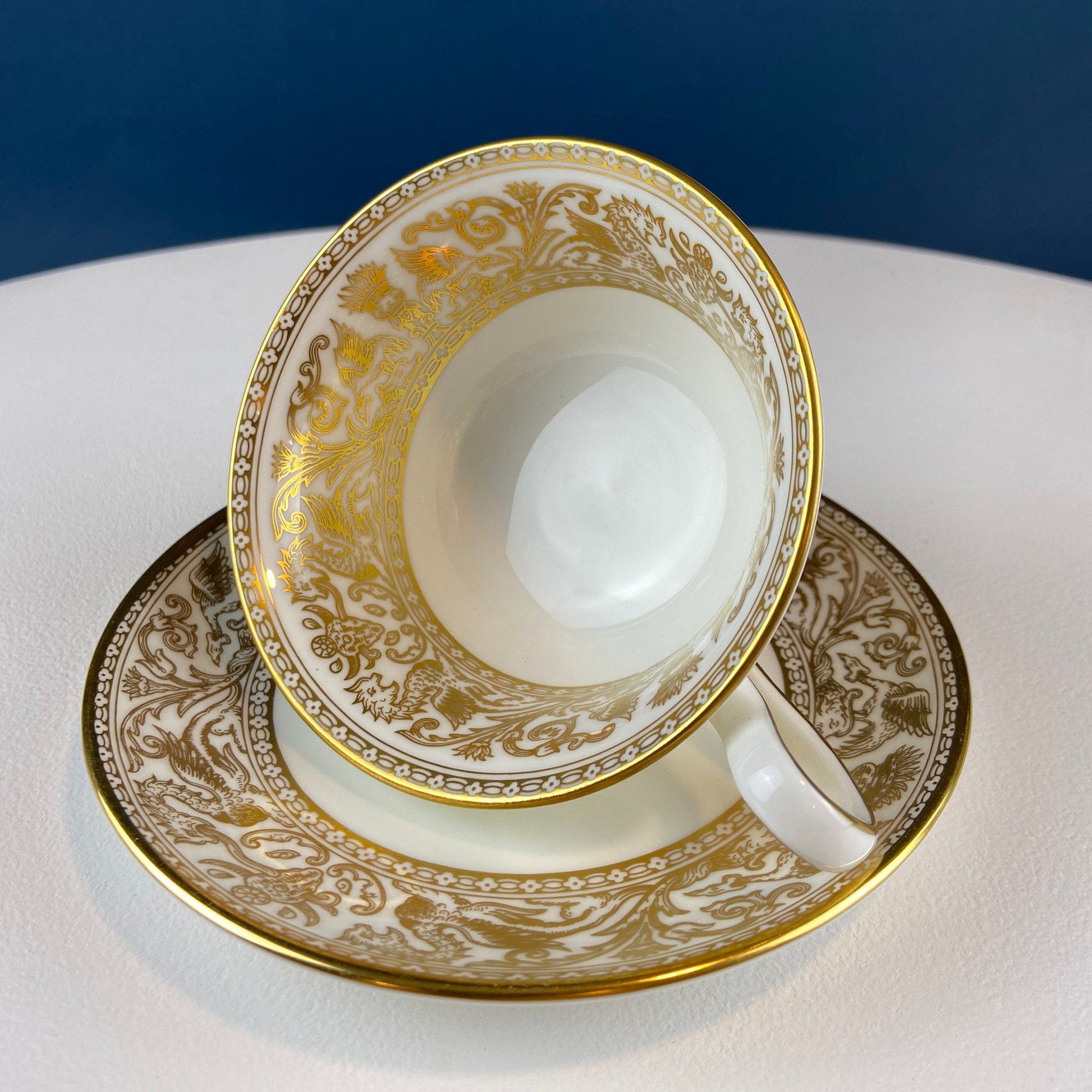 Antique Wedgewood Tea Cup and Saucer: Florentine Gold Dragons - Tampa Home & Garden Store