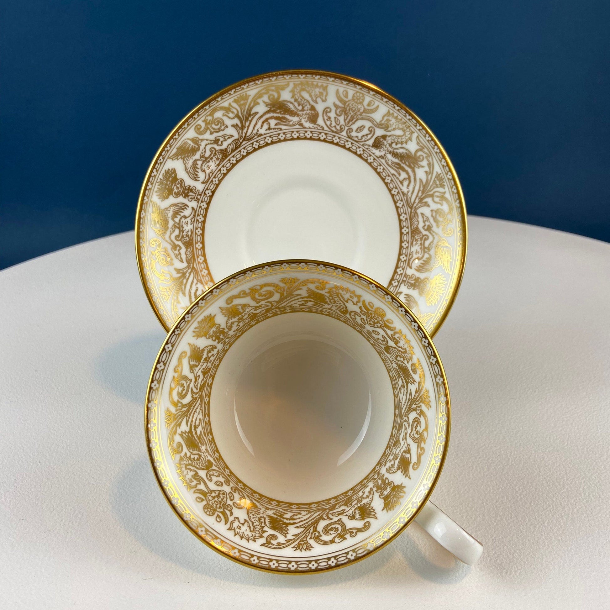Antique Wedgewood Tea Cup and Saucer: Florentine Gold Dragons - Tampa Home & Garden Store
