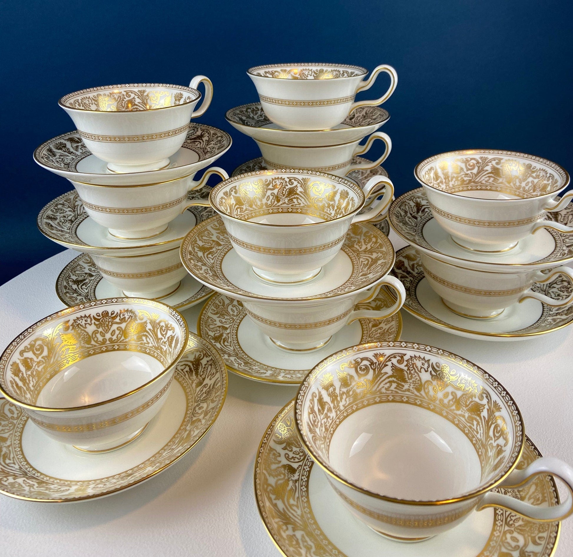 Antique Wedgewood Tea Cup and Saucer: Florentine Gold Dragons - Tampa Home & Garden Store