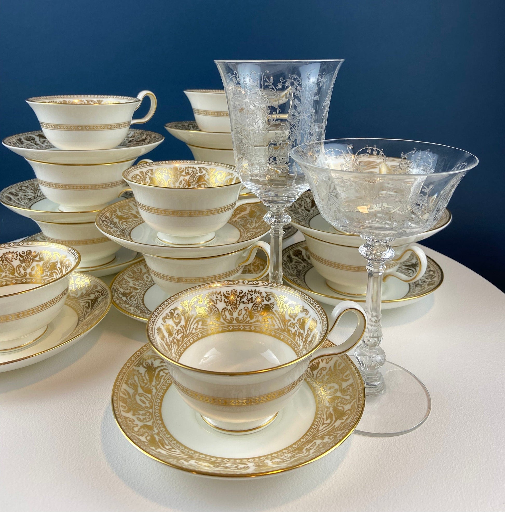 Antique Wedgewood Tea Cup and Saucer: Florentine Gold Dragons - Tampa Home & Garden Store