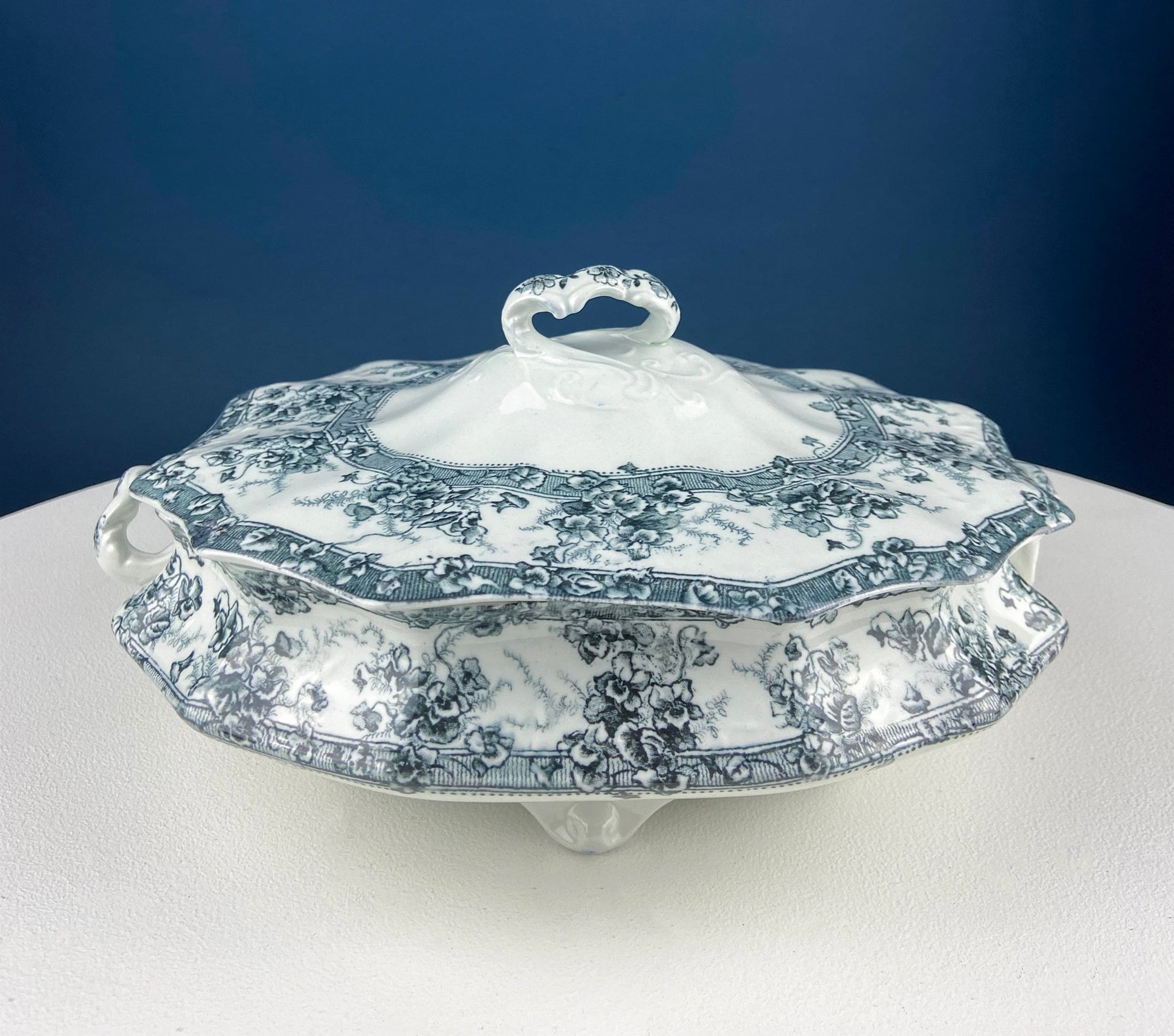 Antique Wedgwood Porcelain Tureen. Oval Soup Serving Dish with Black/White Motifs and Reliefs. Scalloped Edges. Family Dining. Holiday. - Tampa Home & Garden Store