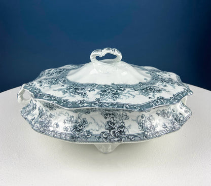 Antique Wedgwood Porcelain Tureen. Oval Soup Serving Dish with Black/White Motifs and Reliefs. Scalloped Edges. Family Dining. Holiday. - Tampa Home & Garden Store