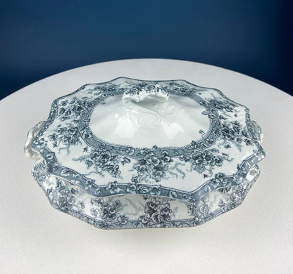 Antique Wedgwood Porcelain Tureen. Oval Soup Serving Dish with Black/White Motifs and Reliefs. Scalloped Edges. Family Dining. Holiday. - Tampa Home & Garden Store