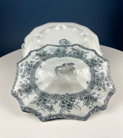 Antique Wedgwood Porcelain Tureen. Oval Soup Serving Dish with Black/White Motifs and Reliefs. Scalloped Edges. Family Dining. Holiday. - Tampa Home & Garden Store