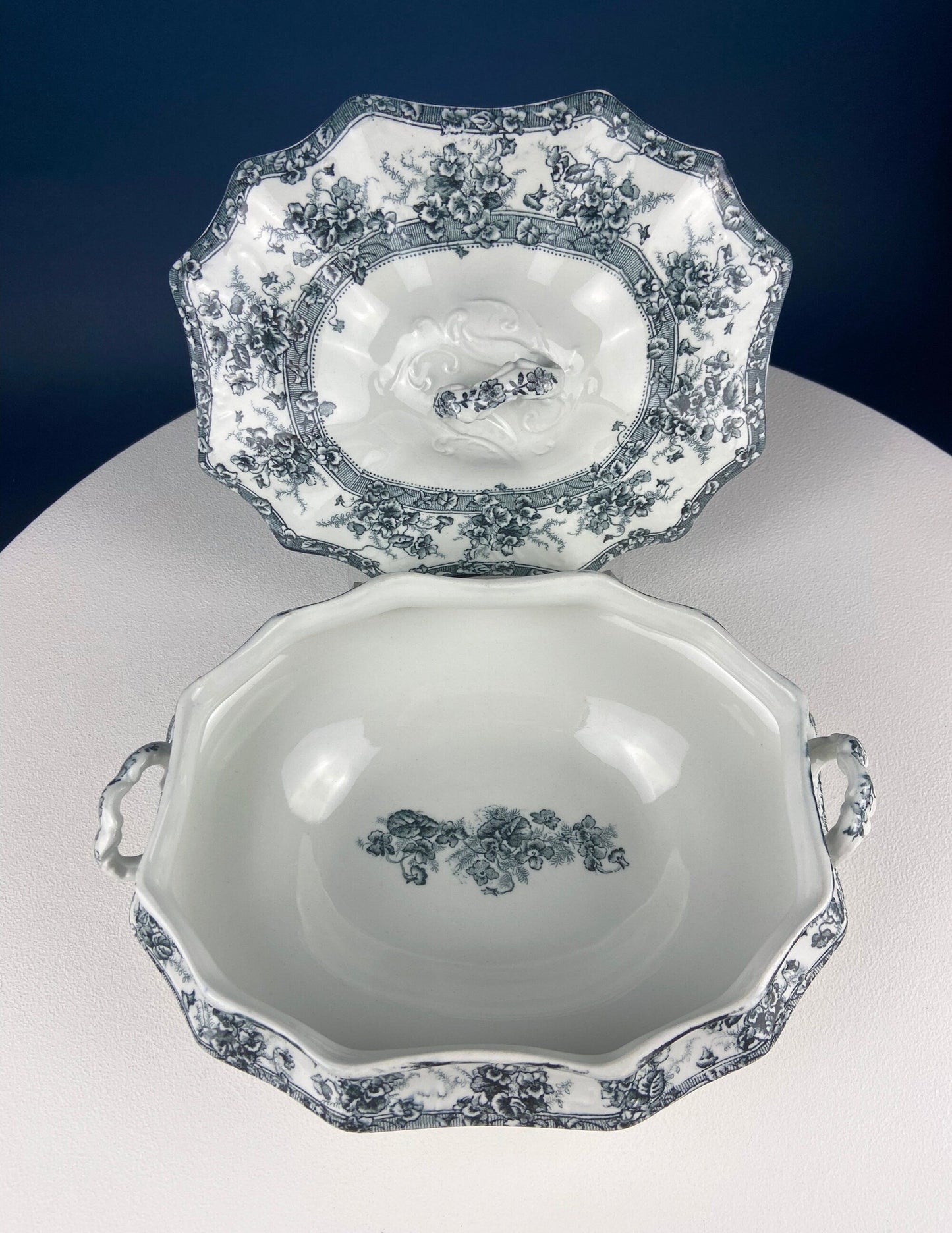 Antique Wedgwood Porcelain Tureen. Oval Soup Serving Dish with Black/White Motifs and Reliefs. Scalloped Edges. Family Dining. Holiday. - Tampa Home & Garden Store