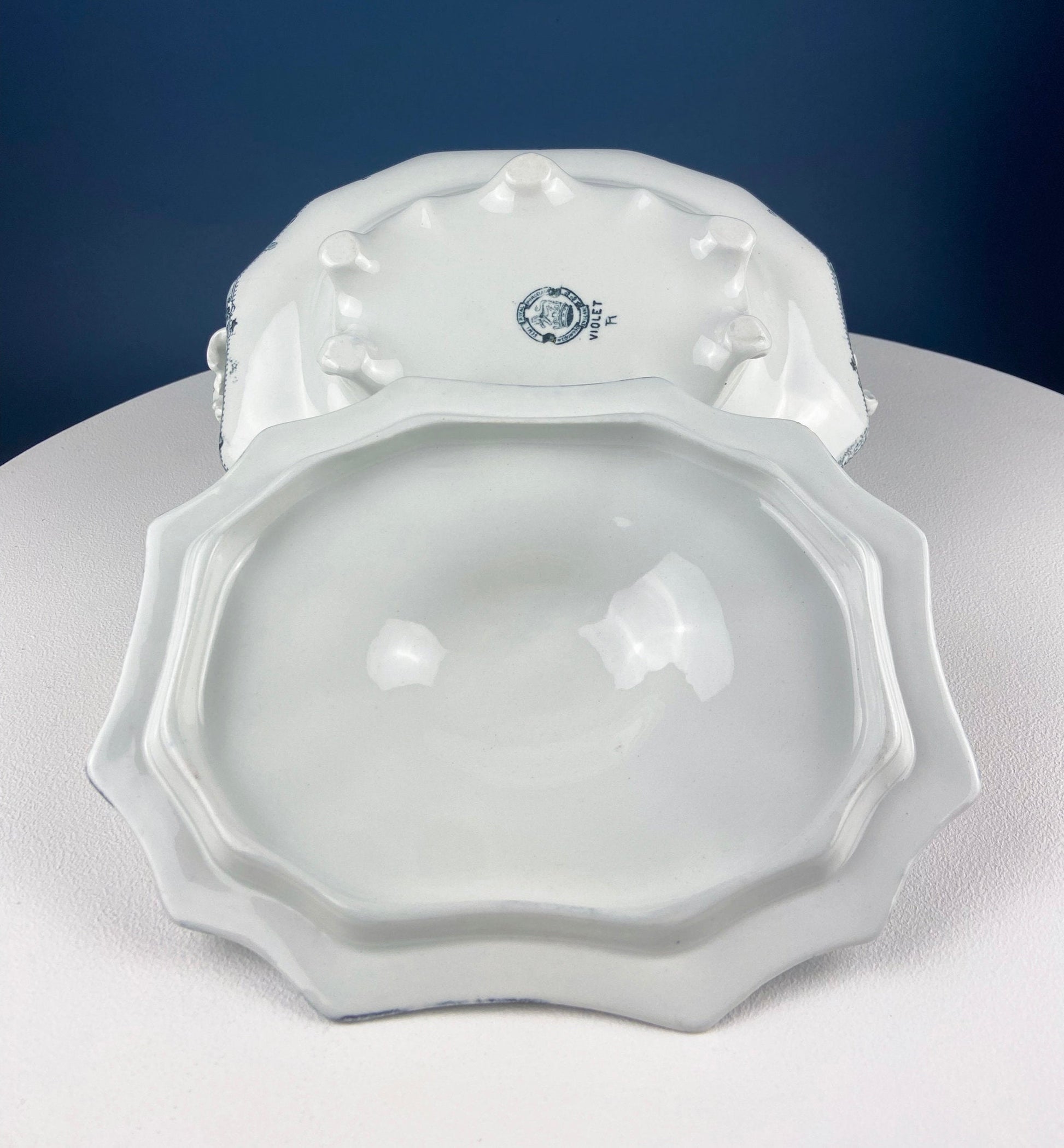 Antique Wedgwood Porcelain Tureen. Oval Soup Serving Dish with Black/White Motifs and Reliefs. Scalloped Edges. Family Dining. Holiday. - Tampa Home & Garden Store