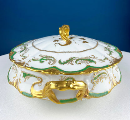 Antique Wedgwood Porcelain Tureen. Oval Soup Serving Dish with Black/White Motifs and Reliefs. Scalloped Edges. Family Dining. Holiday. - Tampa Home & Garden Store