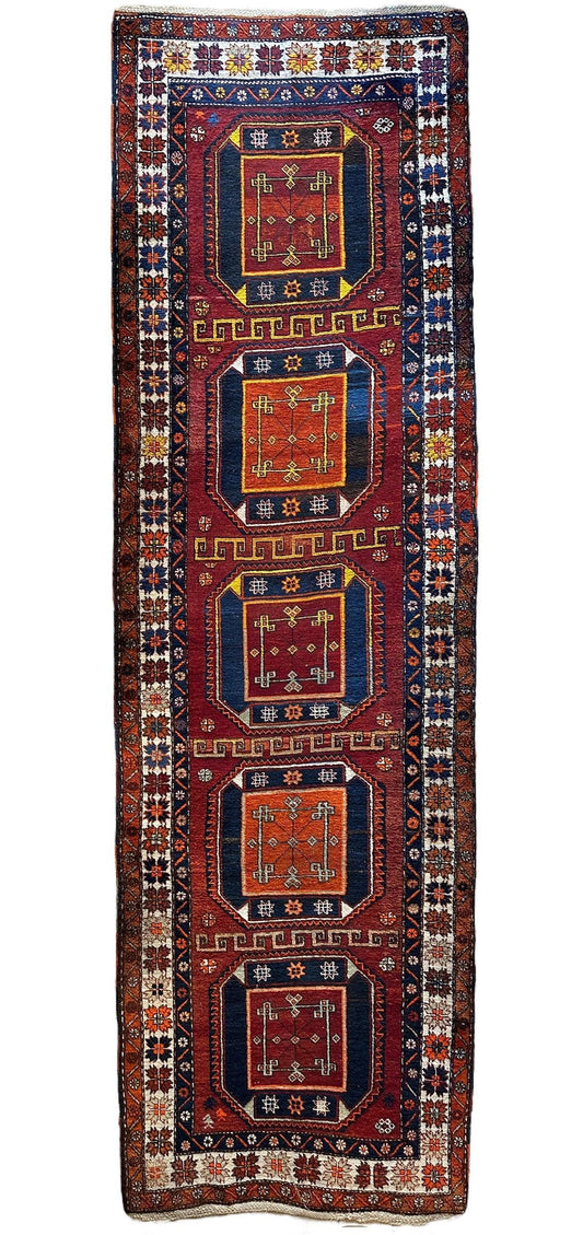 Antique circa 1920's Kurdish-Kazak Geometric Motifs Runner 3’8” x 12’3” - Tampa Home & Garden Store