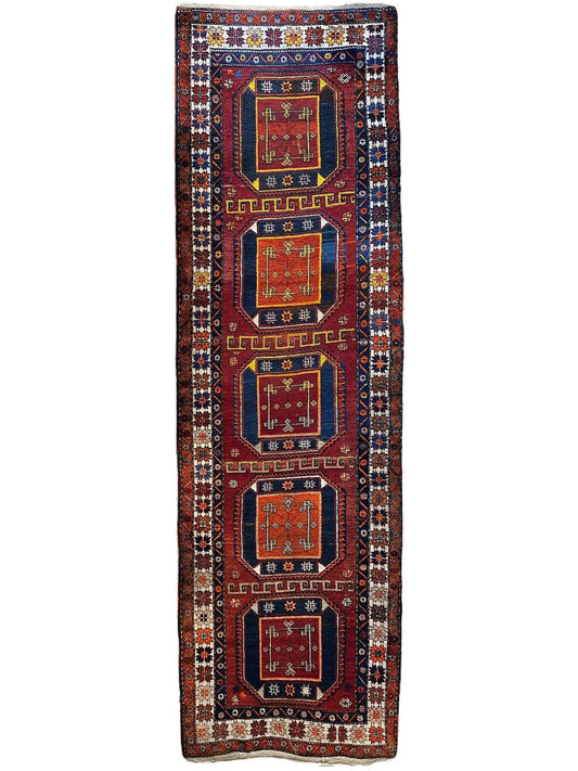 Antique circa 1920's Kurdish-Kazak Geometric Motifs Runner 3’8” x 12’3” - Tampa Home & Garden Store