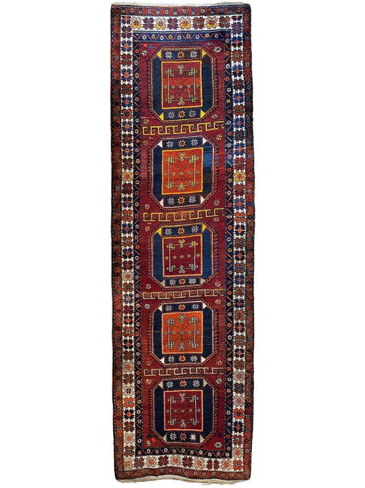 Antique circa 1920's Kurdish-Kazak Geometric Motifs Runner 3’8” x 12’3” - Tampa Home & Garden Store