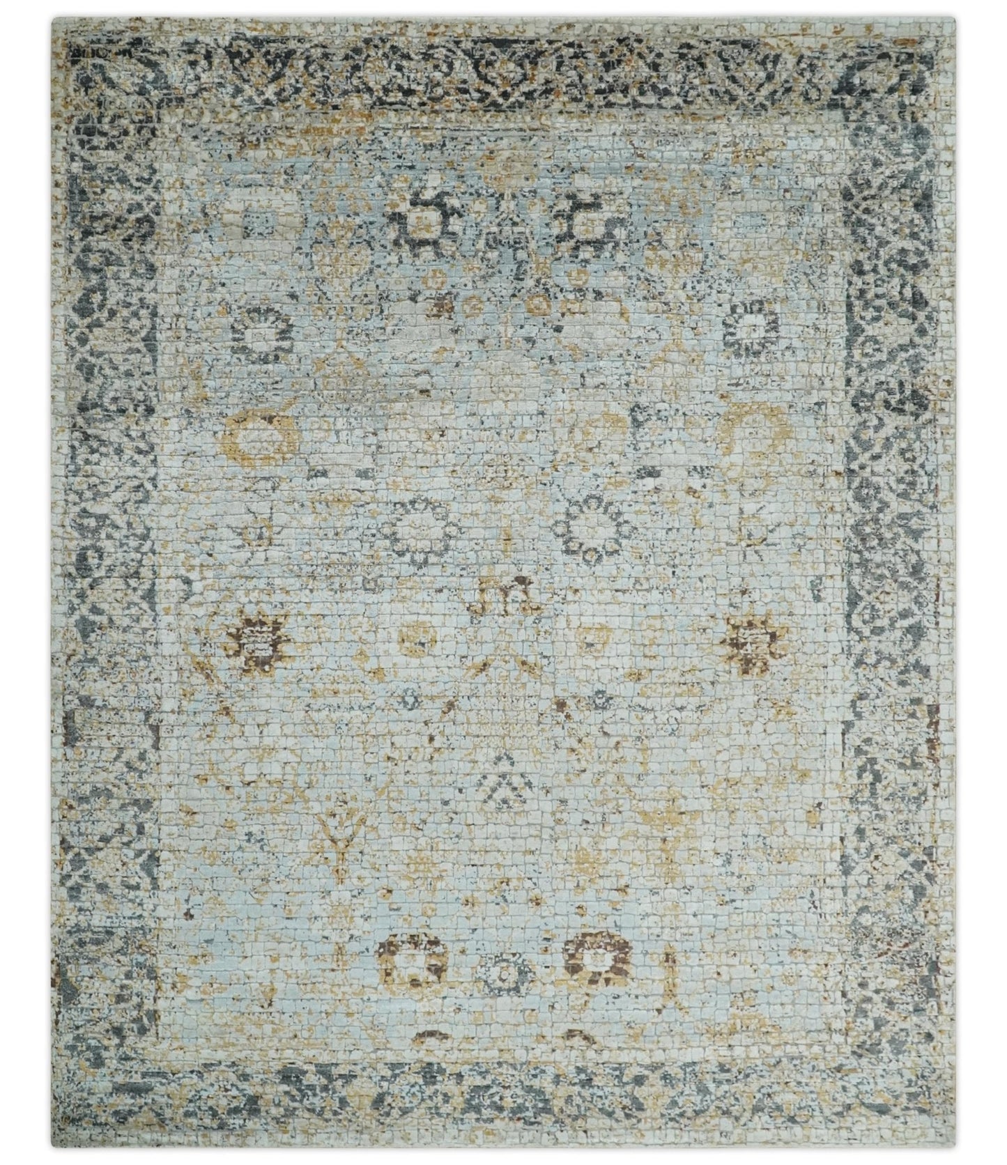 Antique look Aqua, Gold and Charcoal Hand Knotted Carved Texture Traditional Oriental Oushak 8x10 wool Area Rug - Tampa Home & Garden Store