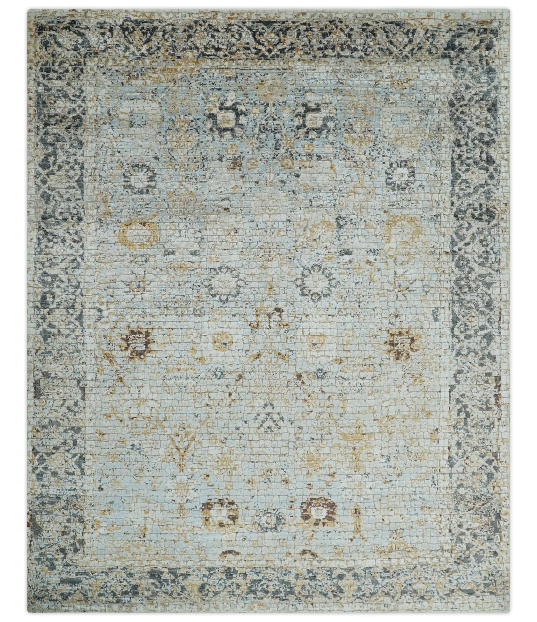 Antique look Aqua, Gold and Charcoal Hand Knotted Carved Texture Traditional Oriental Oushak 8x10 wool Area Rug - Tampa Home & Garden Store