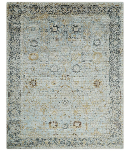 Antique look Aqua, Gold and Charcoal Hand Knotted Carved Texture Traditional Oriental Oushak 8x10 wool Area Rug - Tampa Home & Garden Store