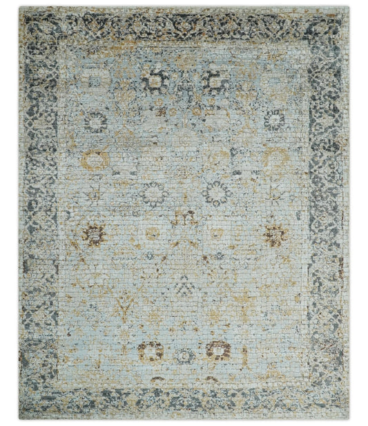 Antique look Aqua, Gold and Charcoal Hand Knotted Carved Texture Traditional Oriental Oushak 8x10 wool Area Rug - Tampa Home & Garden Store