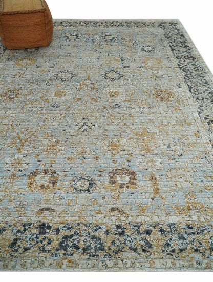 Antique look Aqua, Gold and Charcoal Hand Knotted Carved Texture Traditional Oriental Oushak 8x10 wool Area Rug - Tampa Home & Garden Store