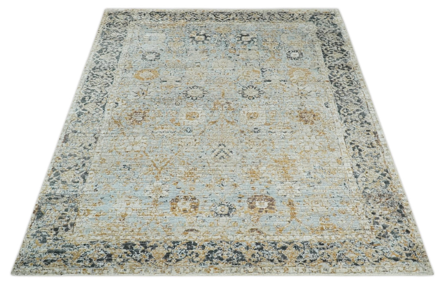 Antique look Aqua, Gold and Charcoal Hand Knotted Carved Texture Traditional Oriental Oushak 8x10 wool Area Rug - Tampa Home & Garden Store