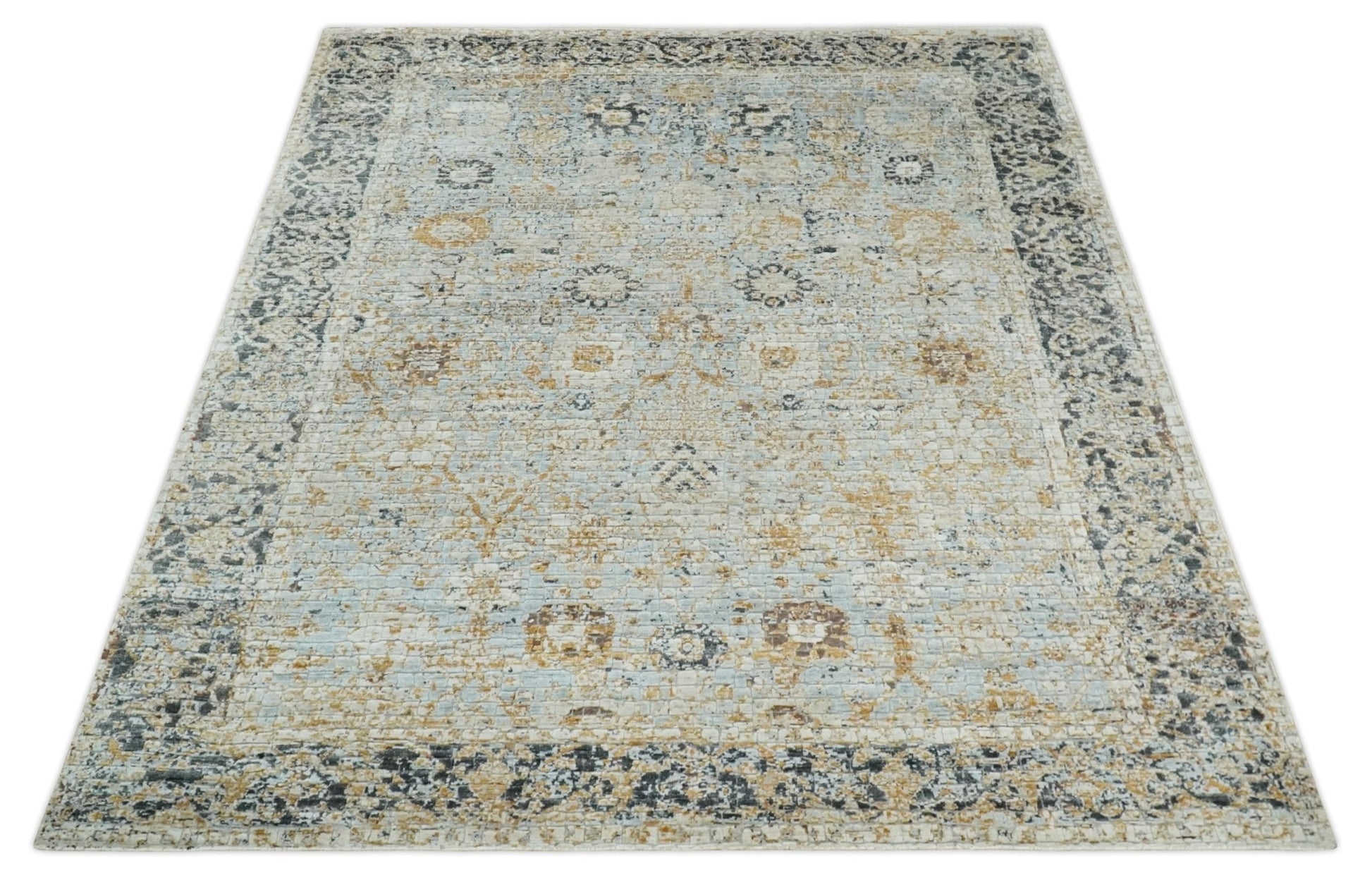 Antique look Aqua, Gold and Charcoal Hand Knotted Carved Texture Traditional Oriental Oushak 8x10 wool Area Rug - Tampa Home & Garden Store