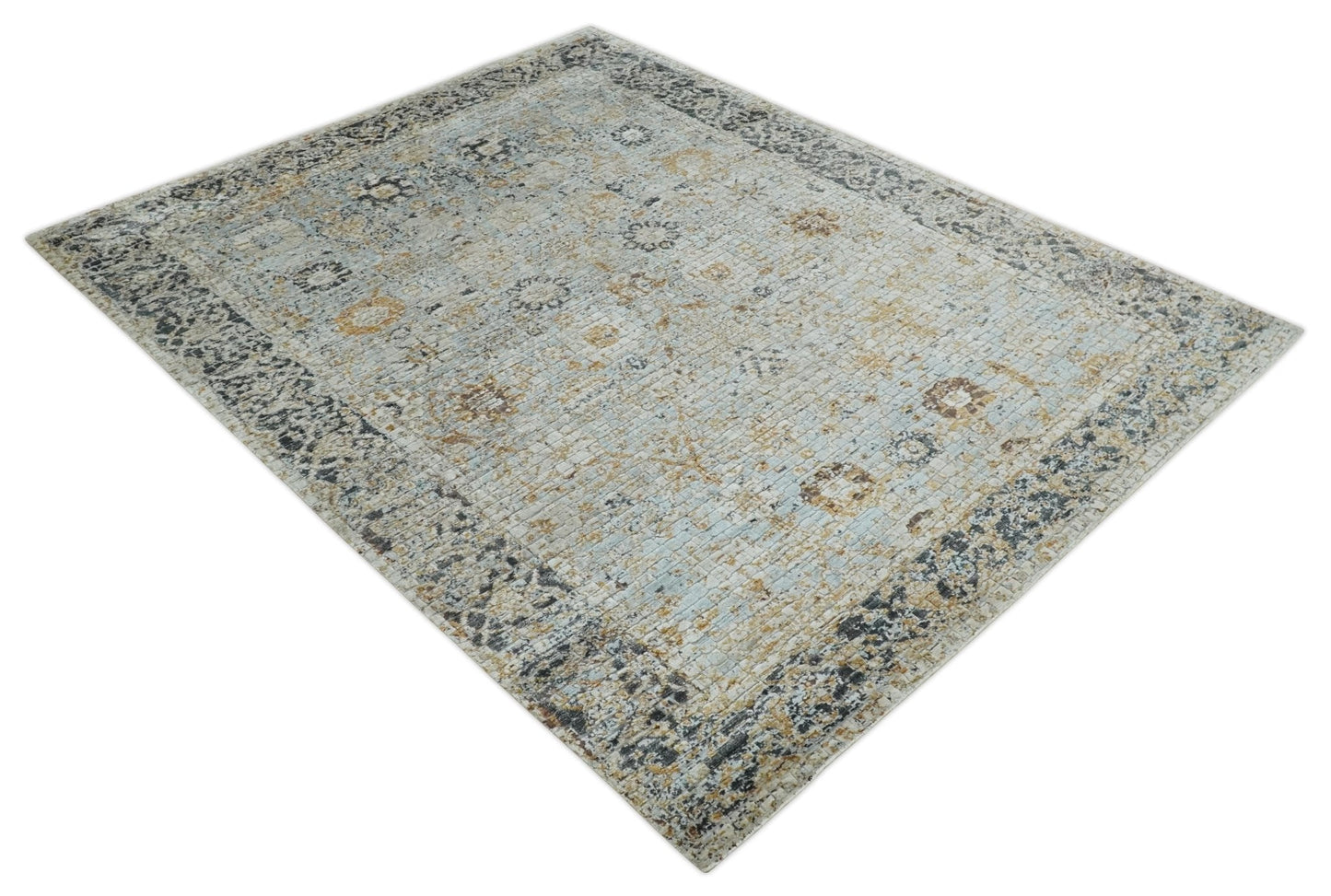 Antique look Aqua, Gold and Charcoal Hand Knotted Carved Texture Traditional Oriental Oushak 8x10 wool Area Rug - Tampa Home & Garden Store