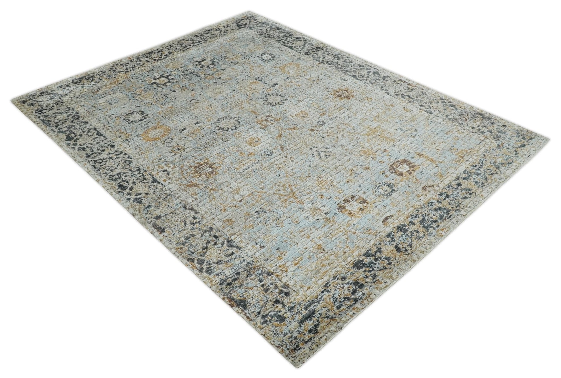 Antique look Aqua, Gold and Charcoal Hand Knotted Carved Texture Traditional Oriental Oushak 8x10 wool Area Rug - Tampa Home & Garden Store