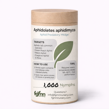 Aphidoletes aphidimyza Live Nymphs beige label, 1,000 nymphs, FGMN Nursery pest control on Tampa Home & Garden Store