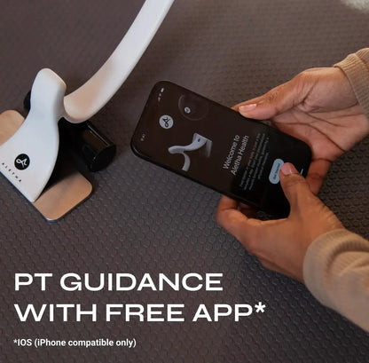 Hip Hook System by Aletha Health with Orbit attachment, shown beside iPhone app on Tampa Home & Garden Store