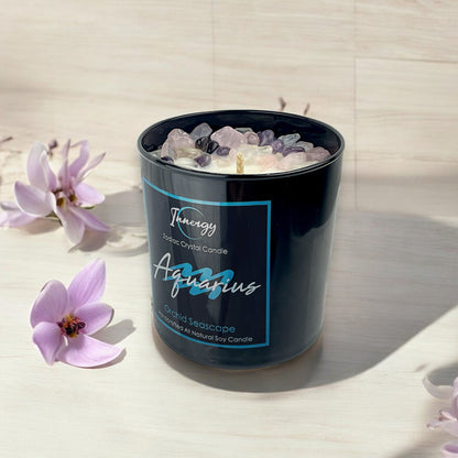 Aquarius Zodiac Crystal Candle with Amethyst, Rose, and Crystal Quartz | Coconut-Soy Wax Candle, 9oz - Tampa Home & Garden Store