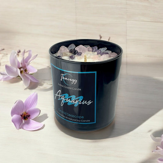 Aquarius Zodiac Crystal Candle with Amethyst, Rose, and Crystal Quartz | Coconut-Soy Wax Candle, 9oz - Tampa Home & Garden Store