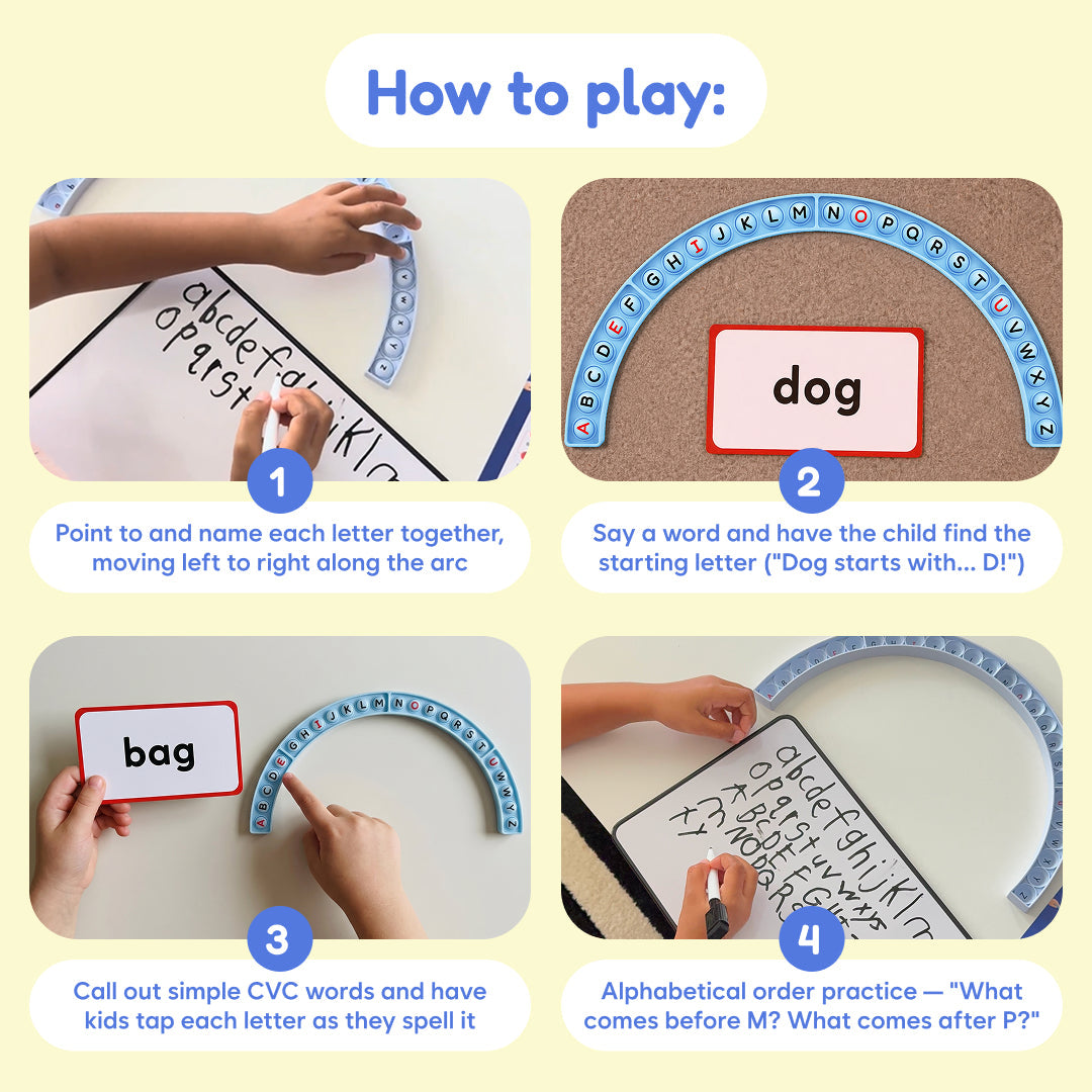 Alphabet Arc educational toy, blue curved letter arc with ABC tiles, by The Fidget Games on Tampa Home & Garden Store