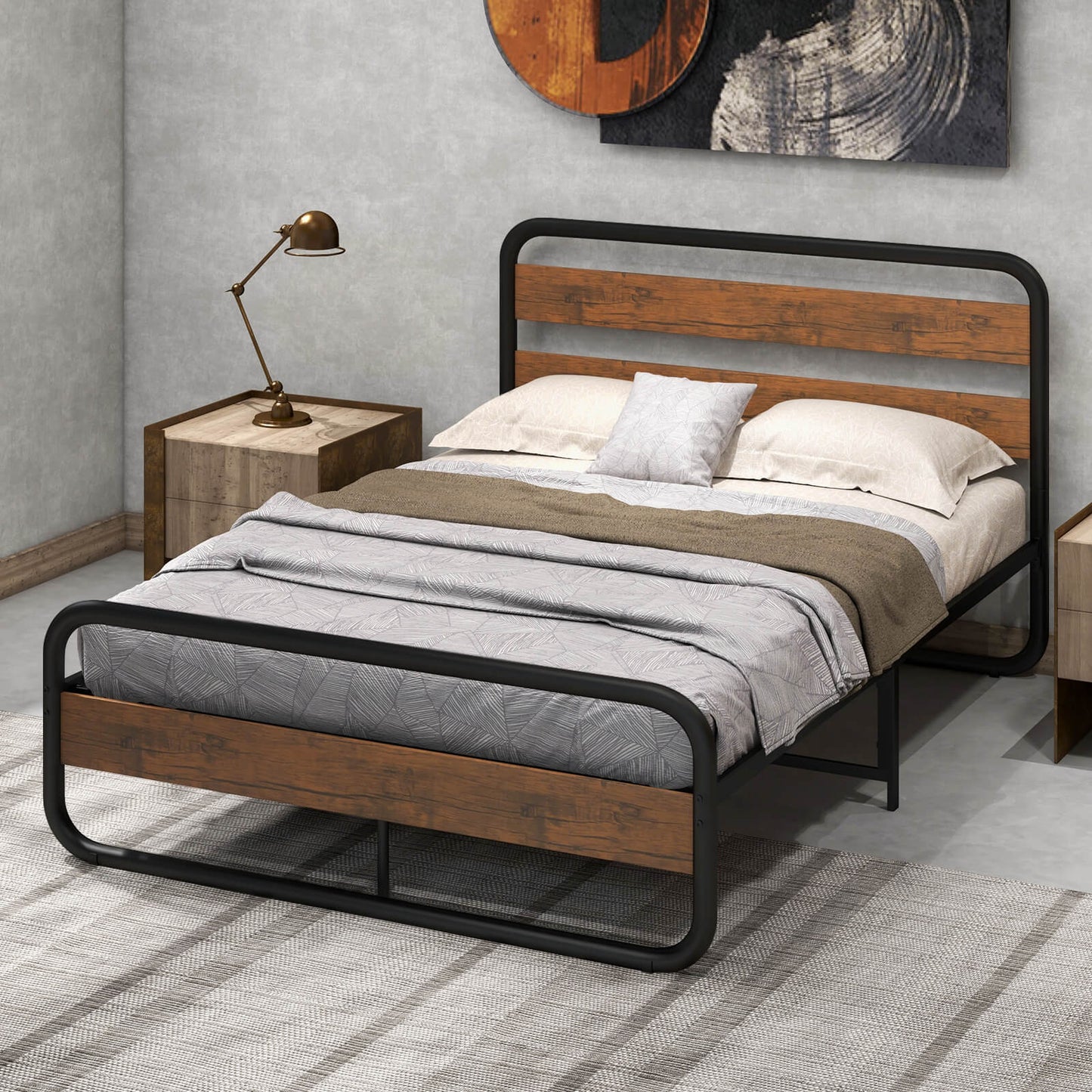 Cama de Plataforma Arc con Cabecero y Piecero - Tamaño Matrimonial