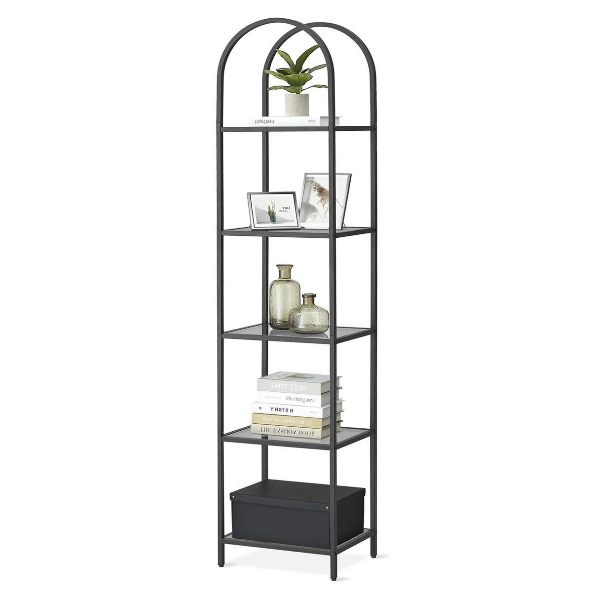 Arched Top Black Metal Display Rack Narrow Bookcase with 5 Glass Storage Shelves - Tampa Home & Garden Store