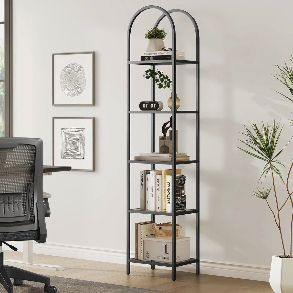 Arched Top Black Metal Display Rack Narrow Bookcase with 5 Glass Storage Shelves - Tampa Home & Garden Store