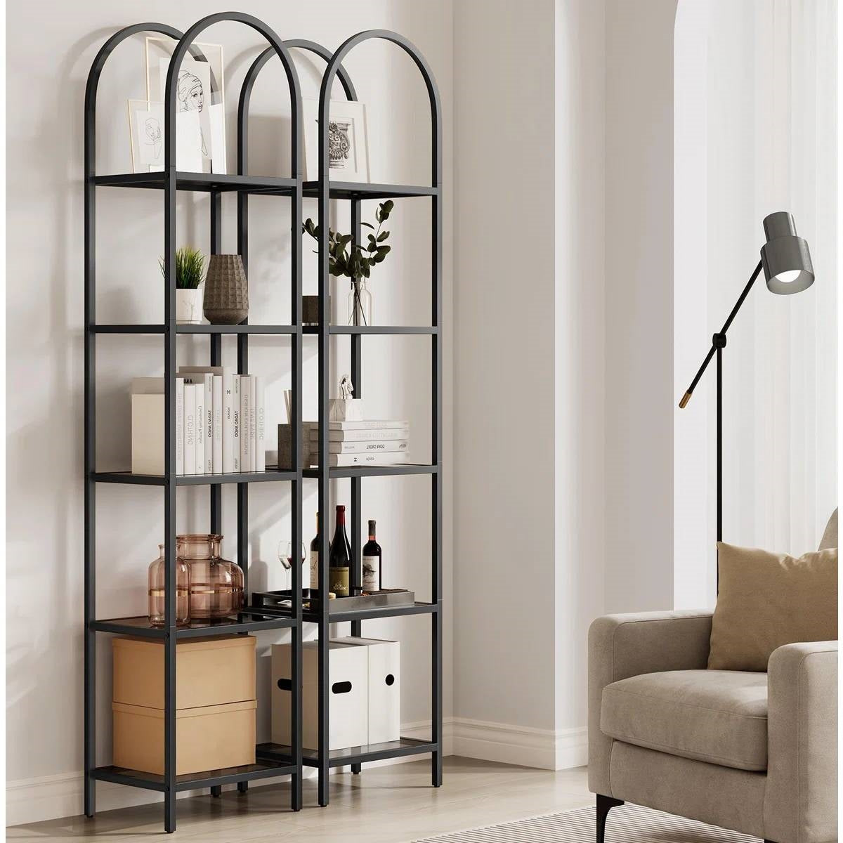 Arched Top Black Metal Display Rack Narrow Bookcase with 5 Glass Storage Shelves - Tampa Home & Garden Store