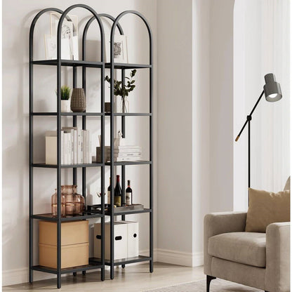 Arched Top Black Metal Display Rack Narrow Bookcase with 5 Glass Storage Shelves - Tampa Home & Garden Store