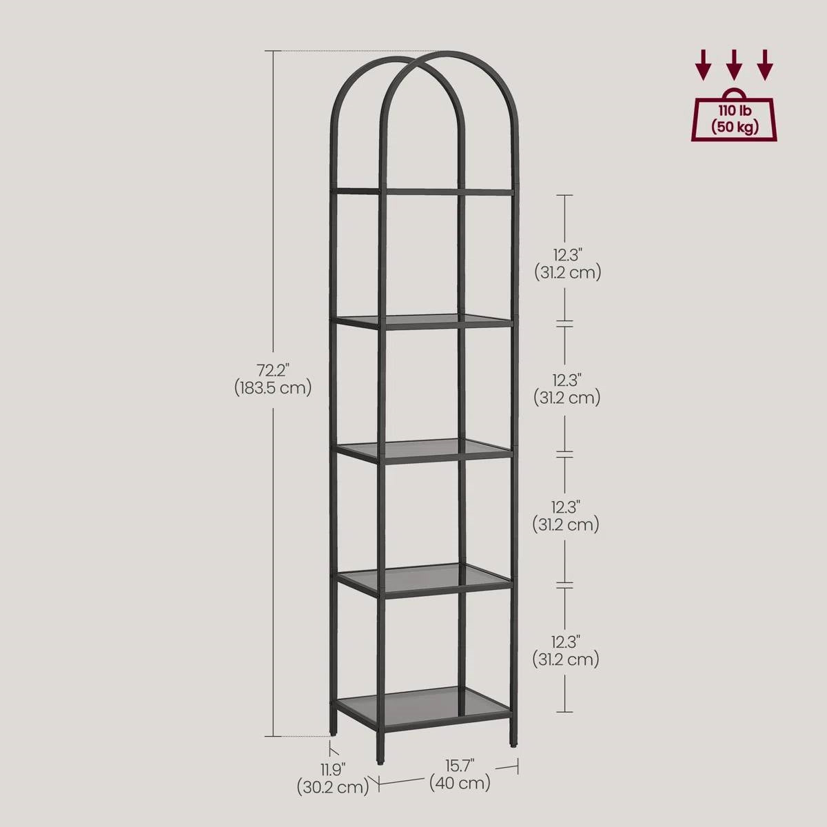 Arched Top Black Metal Display Rack Narrow Bookcase with 5 Glass Storage Shelves - Tampa Home & Garden Store