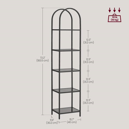 Arched Top Black Metal Display Rack Narrow Bookcase with 5 Glass Storage Shelves - Tampa Home & Garden Store