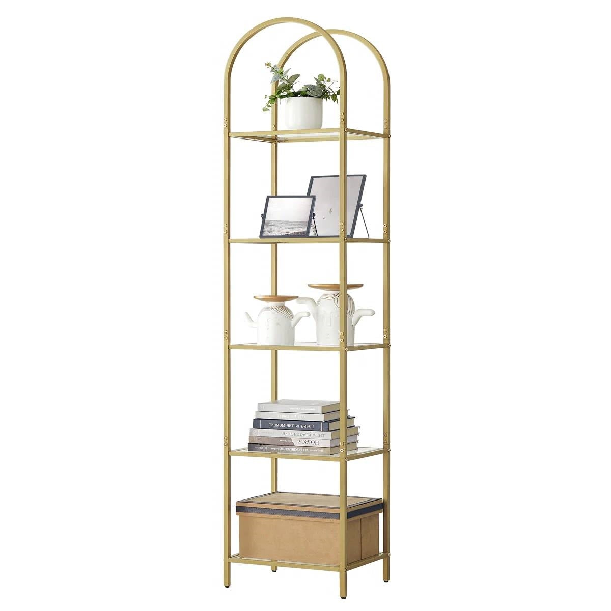 Arched Top Gold Metal Display Rack Narrow Bookcase with 5 Glass Storage Shelves - Tampa Home & Garden Store