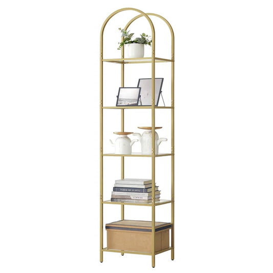 Arched Top Gold Metal Display Rack Narrow Bookcase with 5 Glass Storage Shelves - Tampa Home & Garden Store