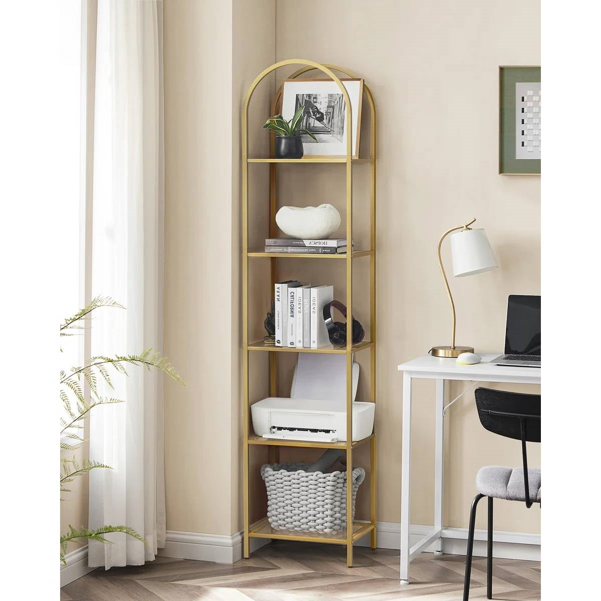 Arched Top Gold Metal Display Rack Narrow Bookcase with 5 Glass Storage Shelves - Tampa Home & Garden Store