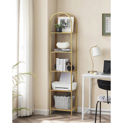 Arched Top Gold Metal Display Rack Narrow Bookcase with 5 Glass Storage Shelves - Tampa Home & Garden Store