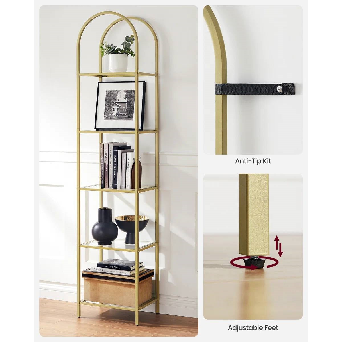 Arched Top Gold Metal Display Rack Narrow Bookcase with 5 Glass Storage Shelves - Tampa Home & Garden Store