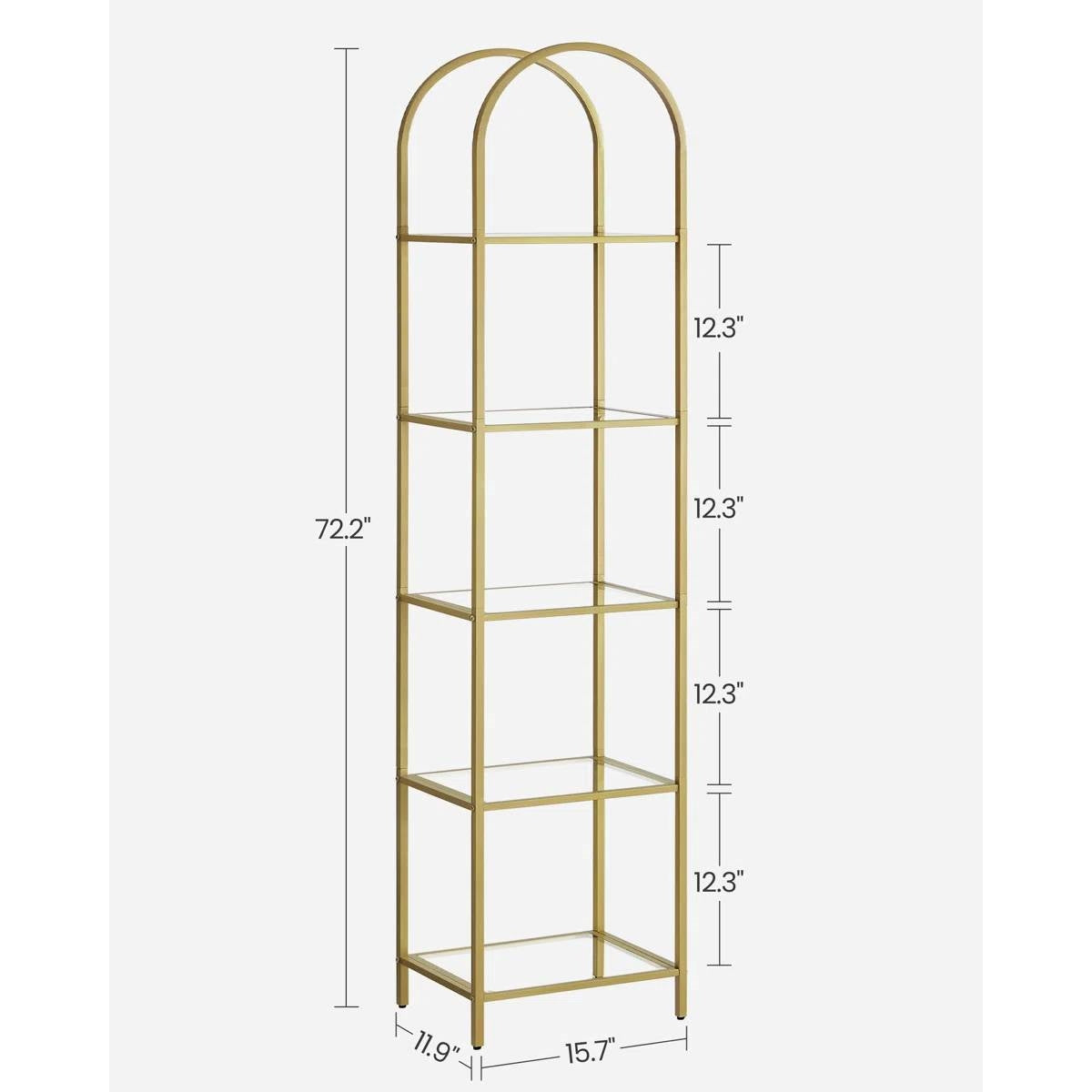 Arched Top Gold Metal Display Rack Narrow Bookcase with 5 Glass Storage Shelves - Tampa Home & Garden Store