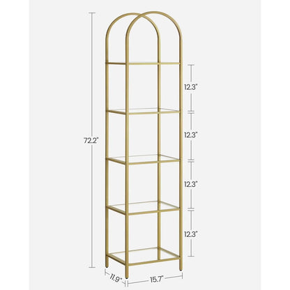 Arched Top Gold Metal Display Rack Narrow Bookcase with 5 Glass Storage Shelves - Tampa Home & Garden Store