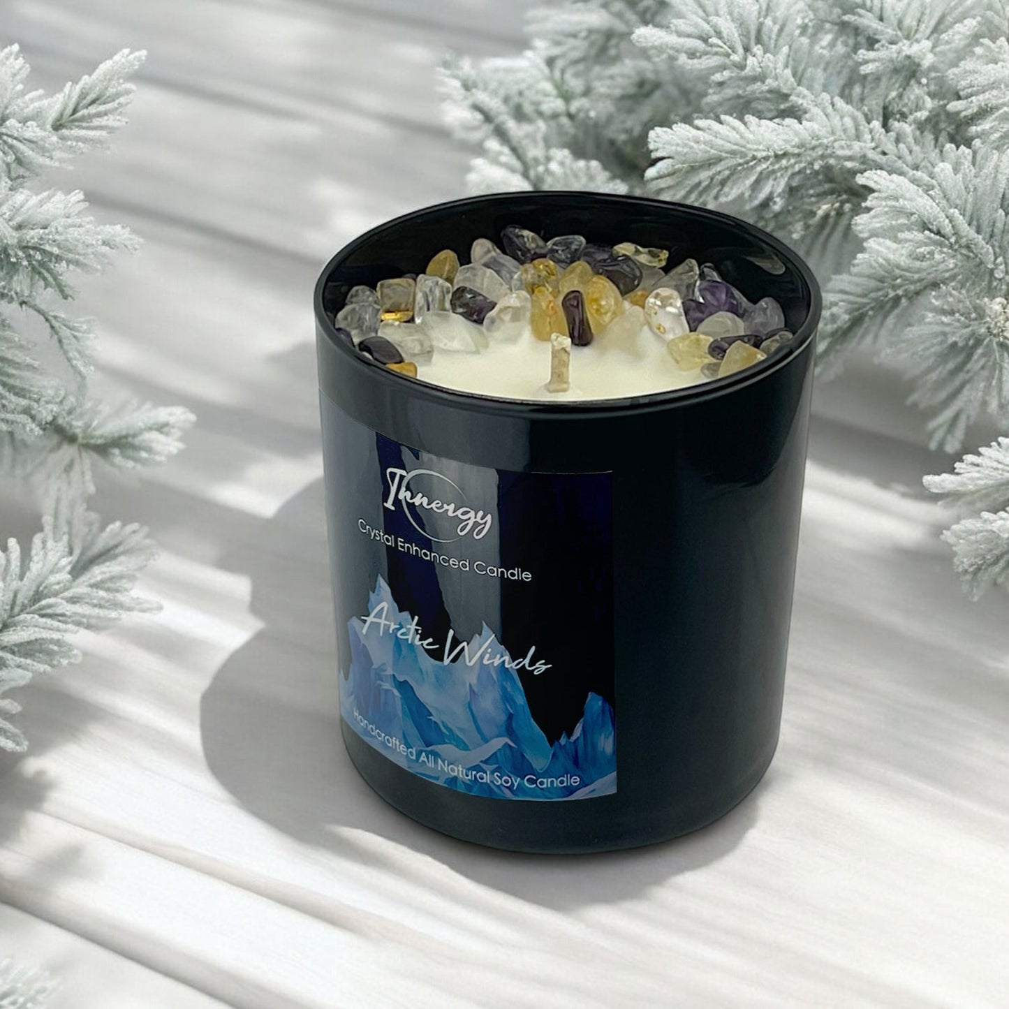 Arctic Winds Crystal Candle with Citrine, Amethyst, and Crystal Quartz | Coconut-Soy Wax Candle, 9oz - Tampa Home & Garden Store