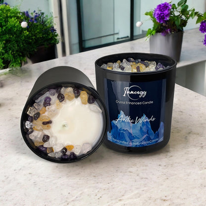 Arctic Winds Crystal Candle with Citrine, Amethyst, and Crystal Quartz | Coconut-Soy Wax Candle, 9oz - Tampa Home & Garden Store