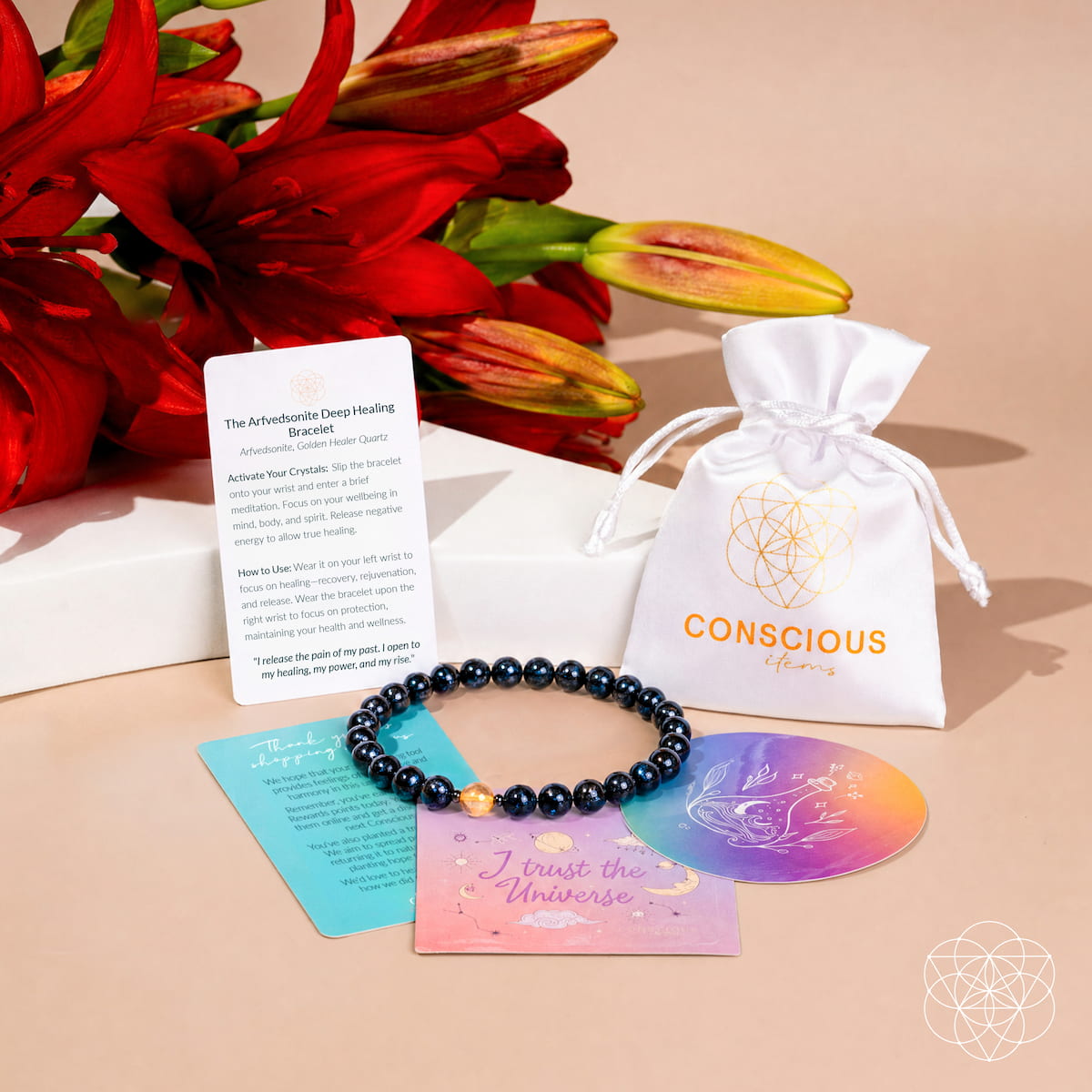 Bracelet Arfvedsonite Deep Healing Bracelet 6mm by Conscious Items black beads with gold on Tampa Home & Garden Store
