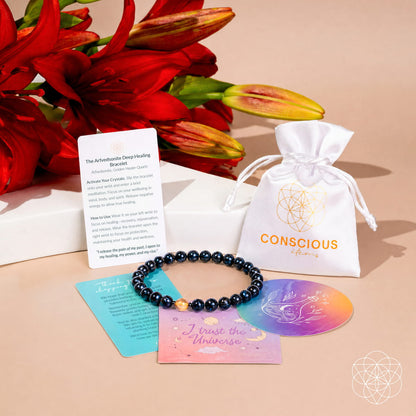 Bracelet Arfvedsonite Deep Healing Bracelet 6mm by Conscious Items black beads with gold on Tampa Home & Garden Store