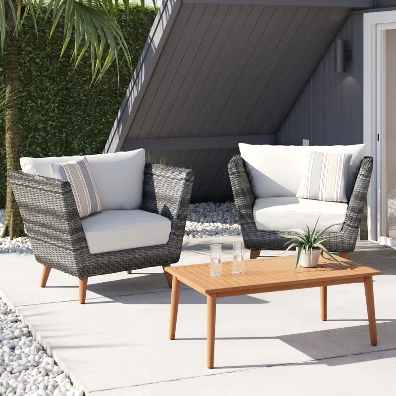 Panther Outdoor Patio Wicker and FSC Wood Seating Set with 2 gray chairs and coffee table on Tampa Home & Garden Store