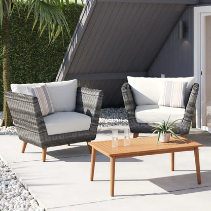 Panther Outdoor Patio Wicker and FSC Wood Seating Set with 2 gray chairs and coffee table on Tampa Home & Garden Store